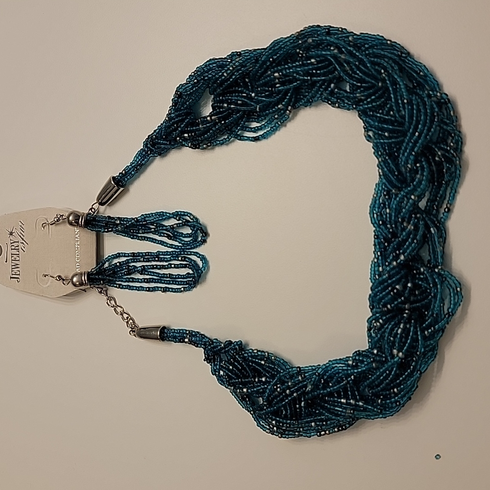 Necklace and earrings. Teal, silver, and black woven beads